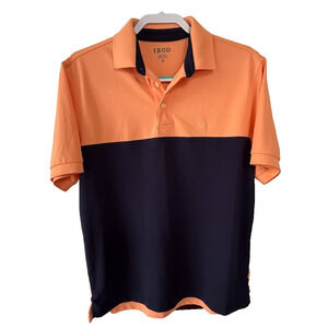 Izod Men's Golf Medium Polo Shirt Two Orange Navy Color Block Polyester
